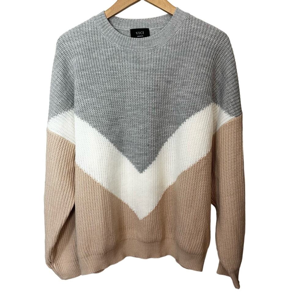 VICI Colorblock Chevron Sweater Womens Medium Pullover Preppy Chunky Soft Knit